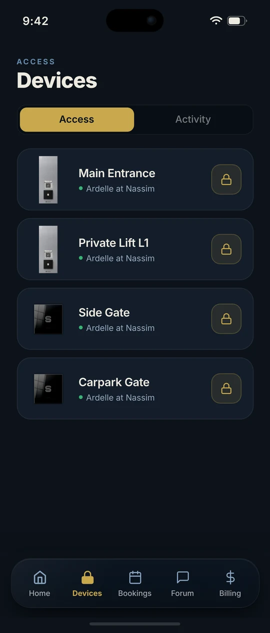 Schonell App Devices list: Main Entrance, Private Lift, Side Gate and Carpark Gate