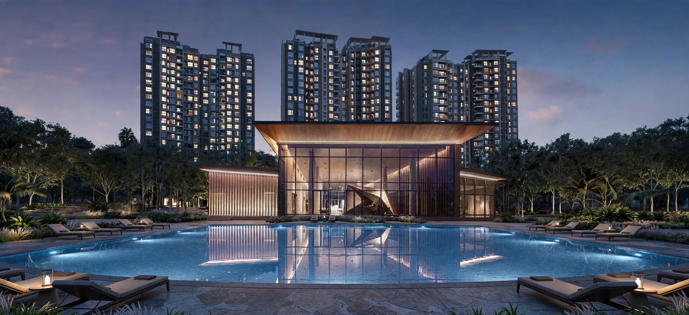 The same estate lit up after handover, with residents home and the clubhouse open