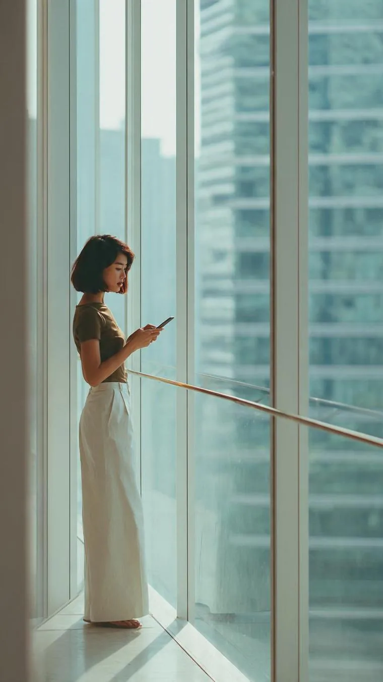 Resident using the app by the window