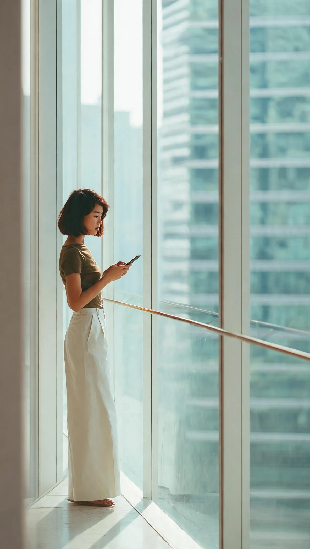 A resident setting up the Schonell App on her phone by a high-rise window